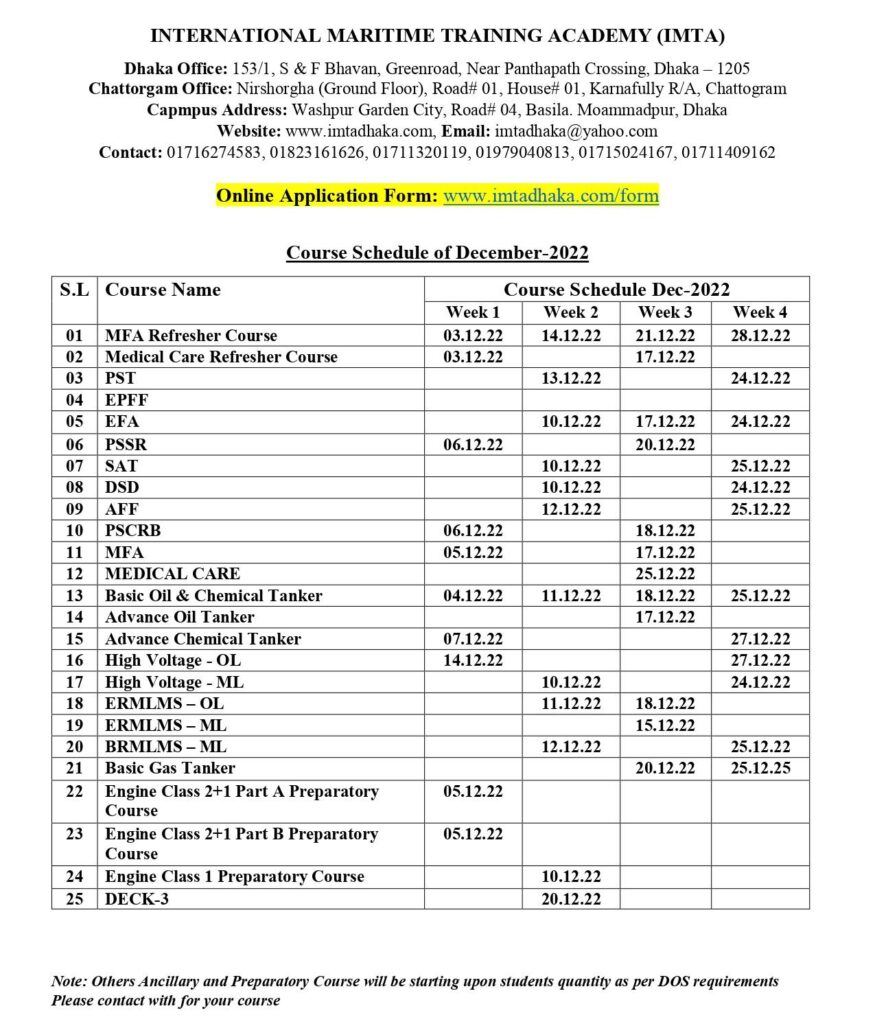 IMTA Course Schedule